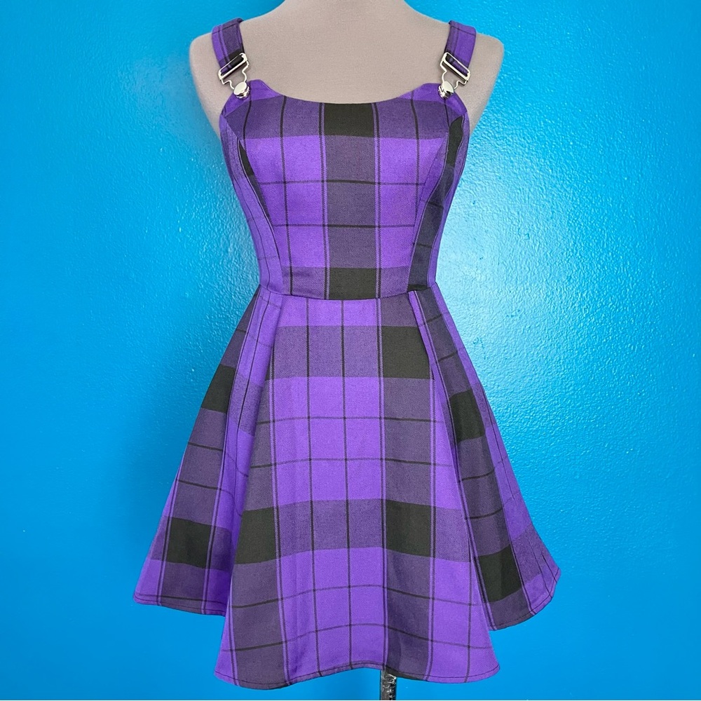 Collectif Rare Purple Plaid Rochelle Check Skater Pinafore Dress w/ Pockets UK 6
